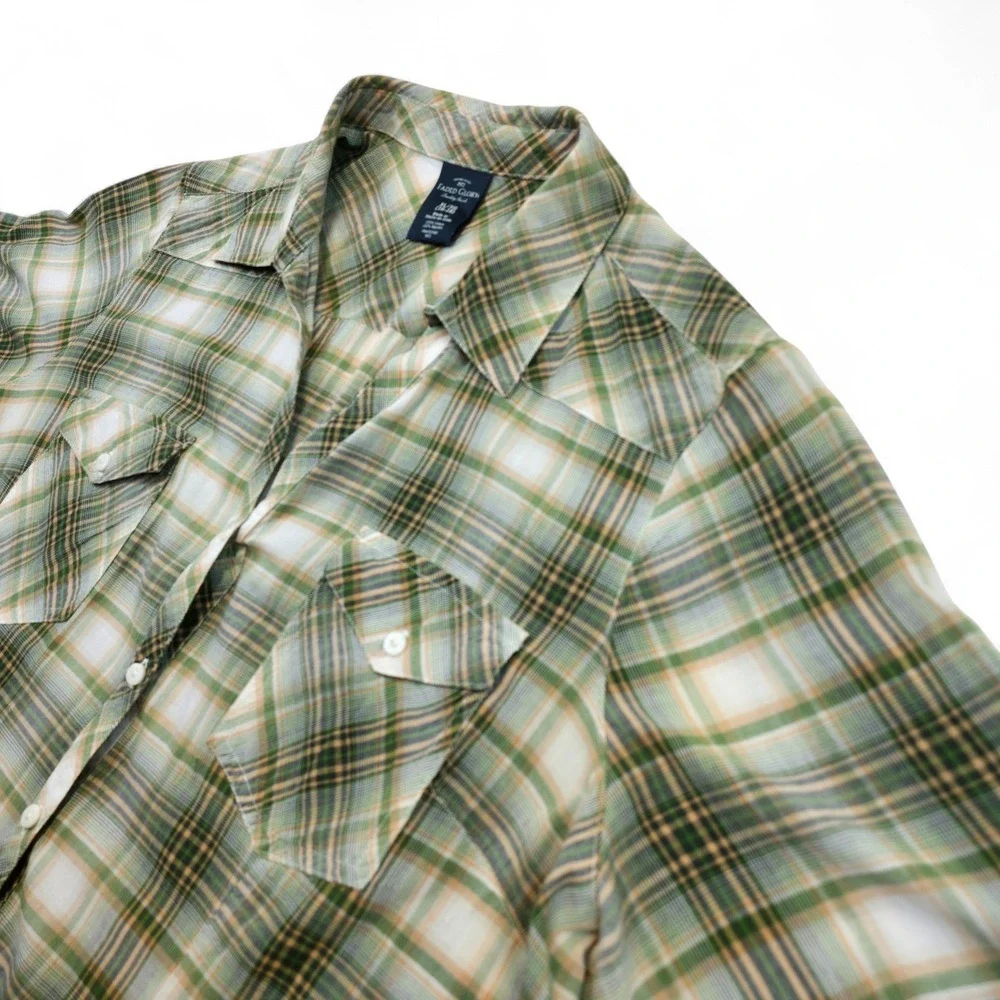 Faded Glory Girls Plaid Western Button Up Shirt XL Green Tan Cotton Retro Youth - Picture 2 of 6